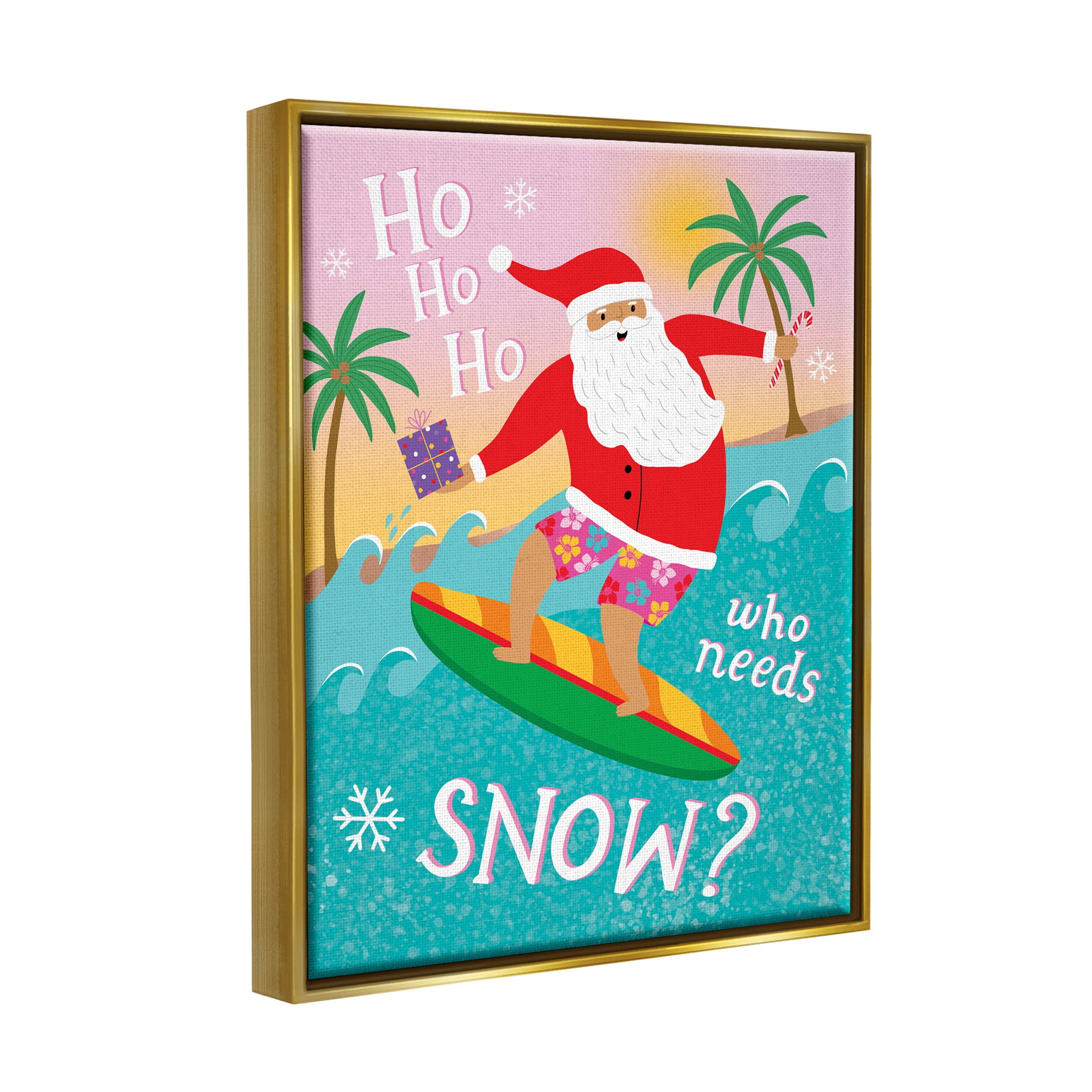 Who Needs Snow Surfing Santa Holiday Graphic Art Metallic Gold Framed Art Print Wall Art