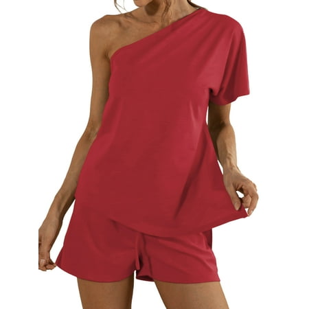 

HUBERY Women Solid Color Oblique Shoulder Side Slit Drawstring Sleepwear Set