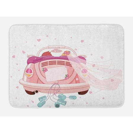 - Wedding Bath Mat, Happy Bride and Groom Celebration in Old Fashioned Car Hearts Blue Cans, Non-Slip Plush Mat Bathroom Kitchen Laundry Room Decor, 29.5 X 17.5 Inches, Pale Pink Blue White, Ambesonne