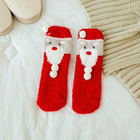 

CHGBMOK Christmas Stockings Woman s Girls Christmas Cute Coloer Stripe Santa Claus Print Thicken Coral Fleece Keep Warm Socks Sox
