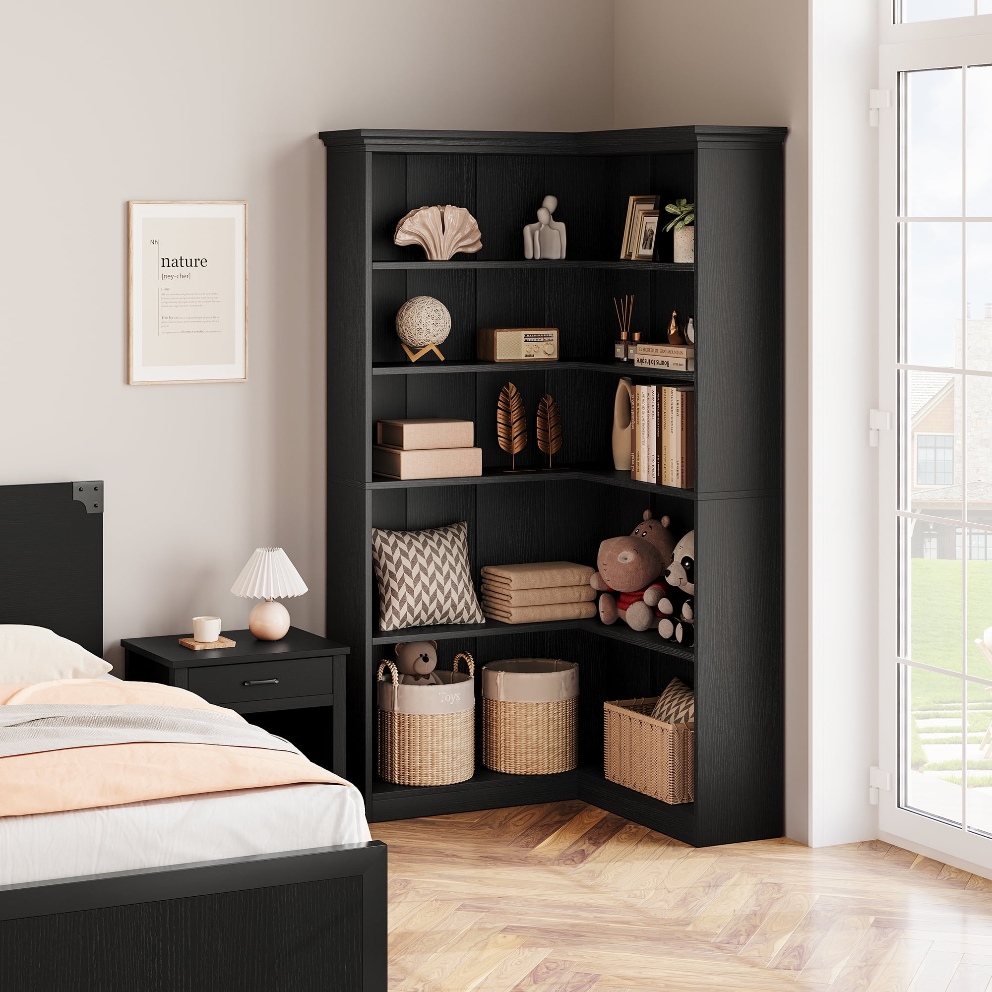 AOILE 72.8" Farmhouse Corner Bookshelf, 5-Tier L-Shaped Bookcase with Storage - Tall Display Shelf for Living Room, Office, Bedroom