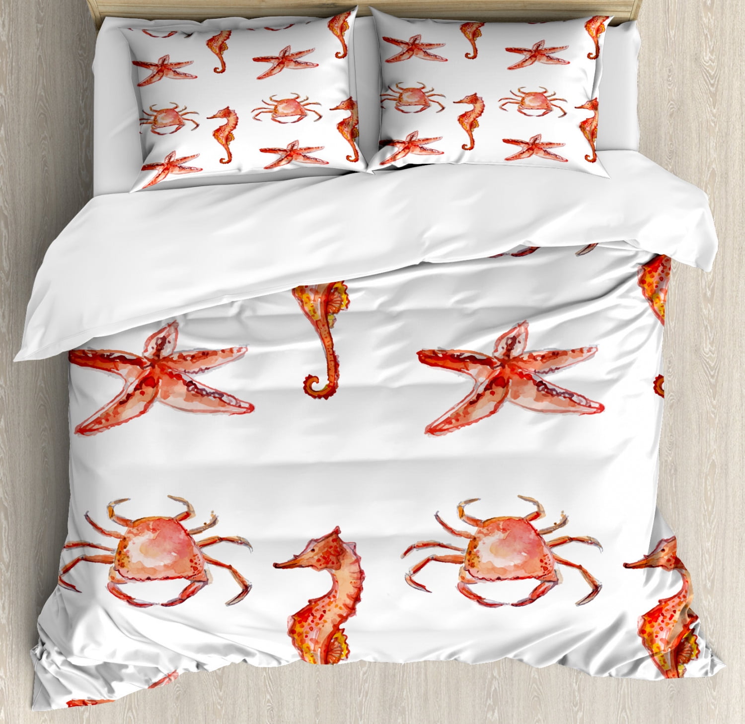 Nautical Queen Size Duvet Cover Set, Crab Seahorse Starfish Hand Drawn