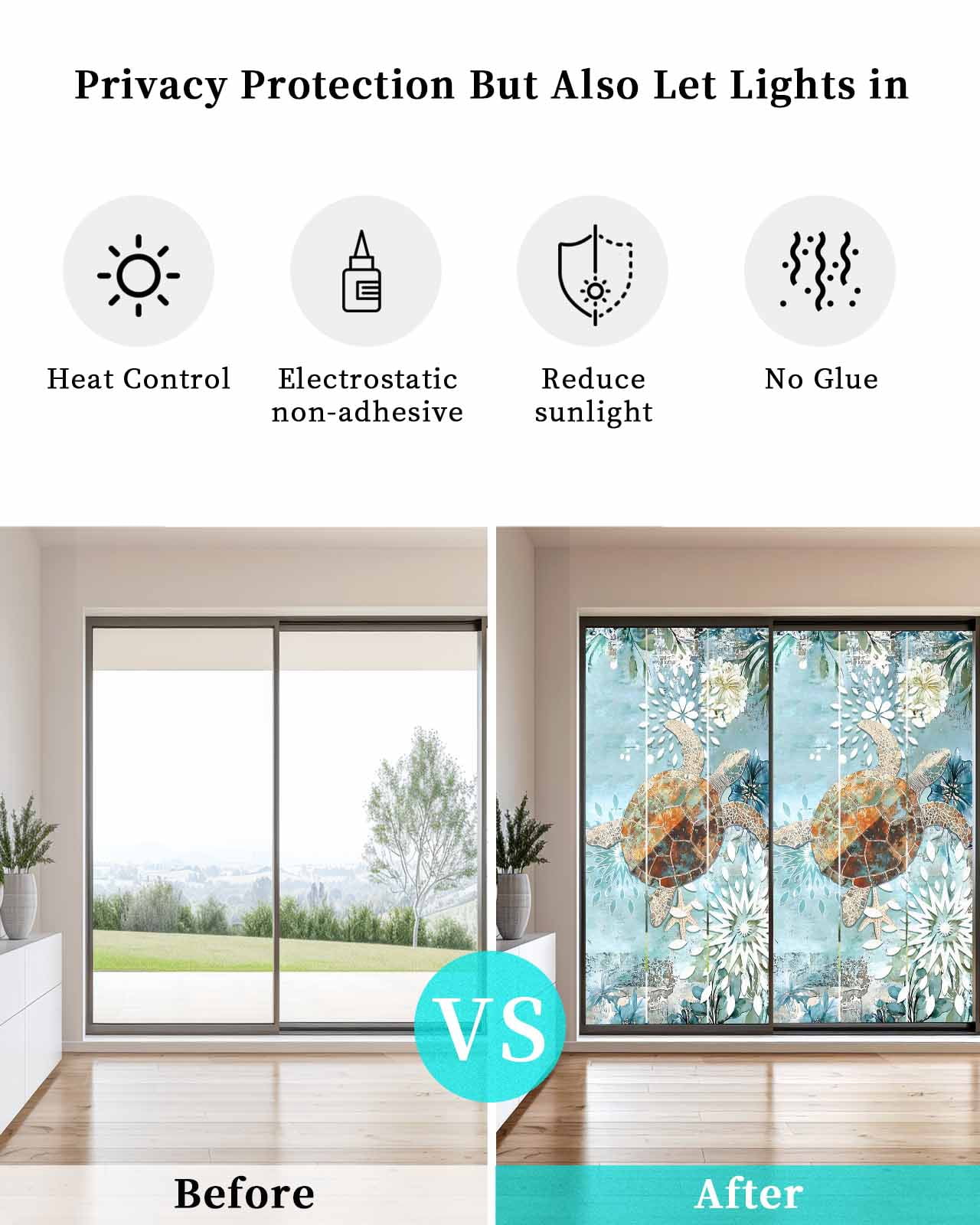 Window Privacy Film Sea Turtle Coastal Stained Glass Window Film Decorative Sun Block Window Cover Teal Nautical Starfish Botanical Window Clings Static Adhesive Sticker for Bathroom 23.6"x59"