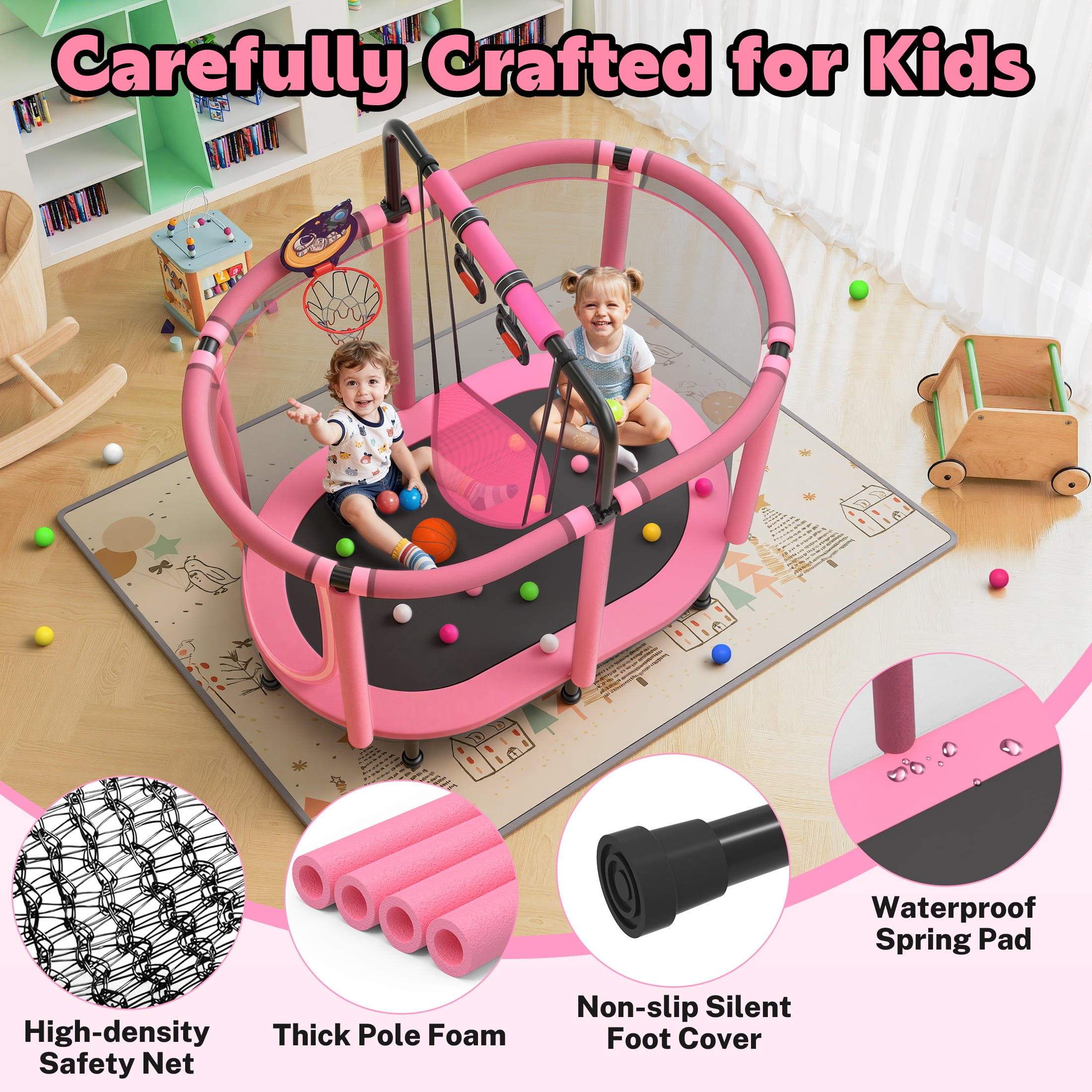 60" Toddler Trampoline with Safety Enclosure Net, SEGMART Upgraded Kids Trampoline with Basketball Hoop, Swing, Rings, Balls, Indoor Outdoor Mini Trampoline Birthday Gift for Kids Ages 3-9