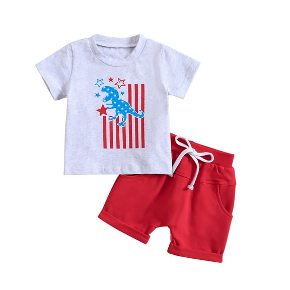 Tkrady Toddler Outfits for Boys Independence Day Letter Graphic Short Sleeve T Shirt Tops Shorts Set, Sizes 0-3 Years