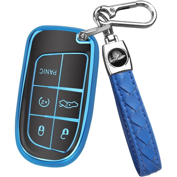 Key Fob Cover Compatible with Jeep Grand Cherokee Renegade Dodge RAM Durango Challenger Keychain Case Holder Protector,Blue,5 Buttons