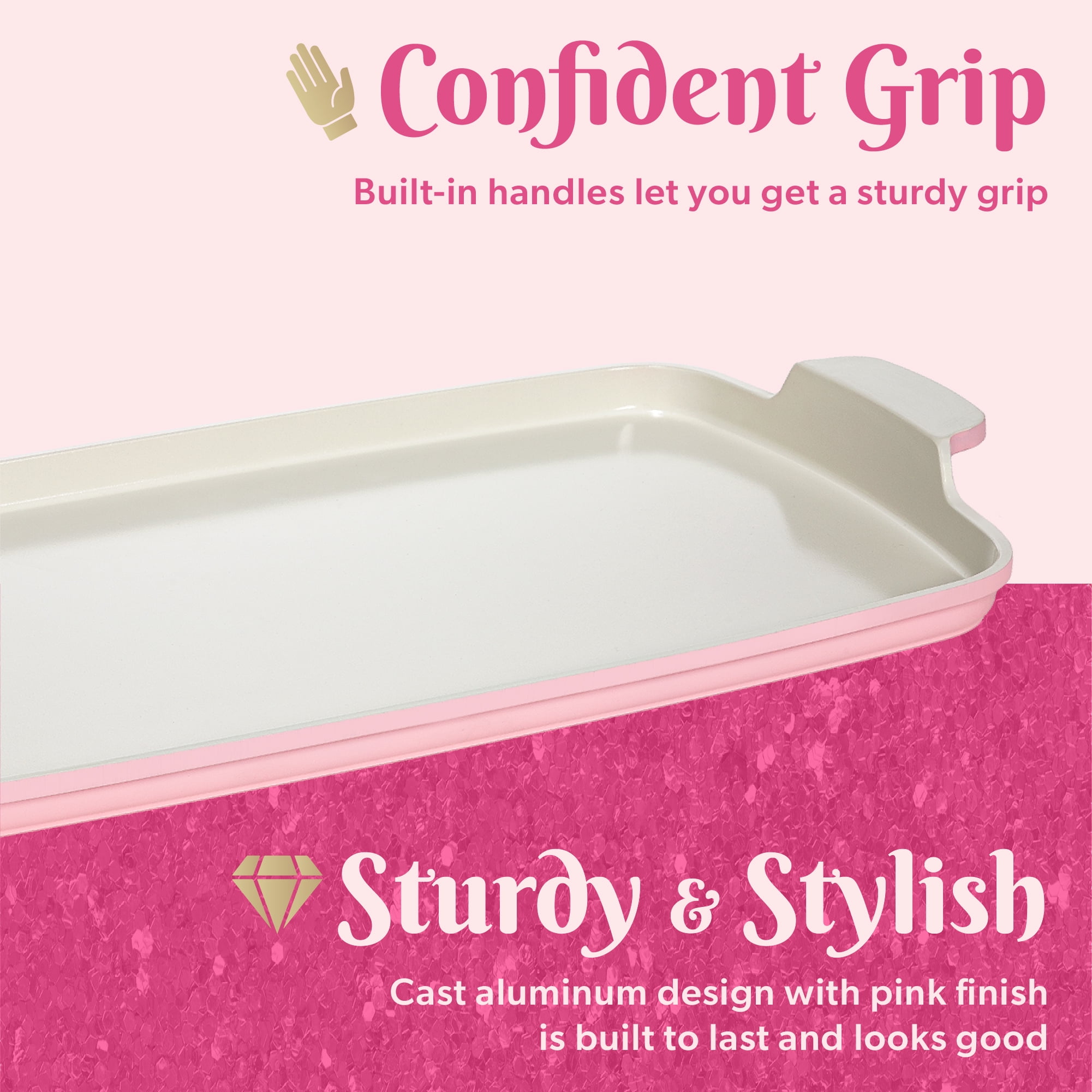Paris Hilton Double Burner Griddle Pan for Stovetop, 17.8" x 10.5", Clean Ceramic™ Nonstick Coating, Pink