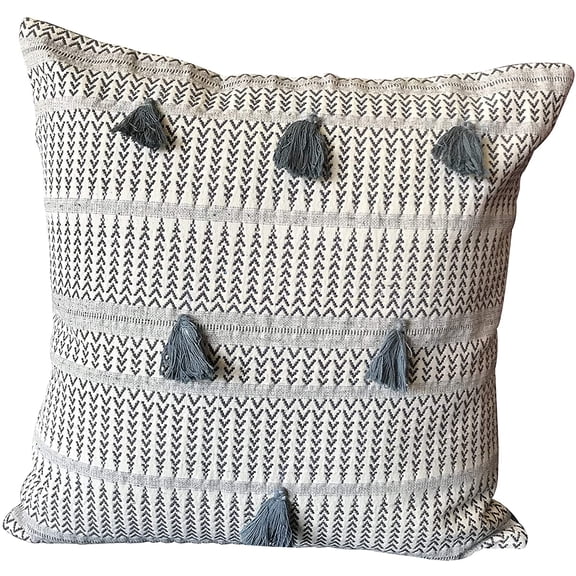 DecorShore Decorative Throw Pillow Cover Tribal Boho Woven Pillowcase with Tassels Soft Square Pillow Sham Cushion Case for Sofa Couch Bedroom Living Room 18X18 Inch Blue Ivory