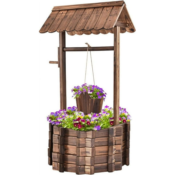 ReunionG Outdoor Wooden Wishing Well Garden Planter with Hanging Flower Bucket for Patio Garden Home Decor
