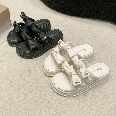 Slip-on Sandals for Women  New Summer 2024 Muffin Thick Soled Preppy Bow Open-toed Roman Shoes