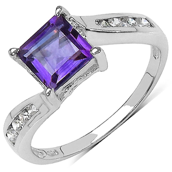 Genuine Square Amethyst and Cubic Zirconia Ring in Sterling Silver - Size 9.00