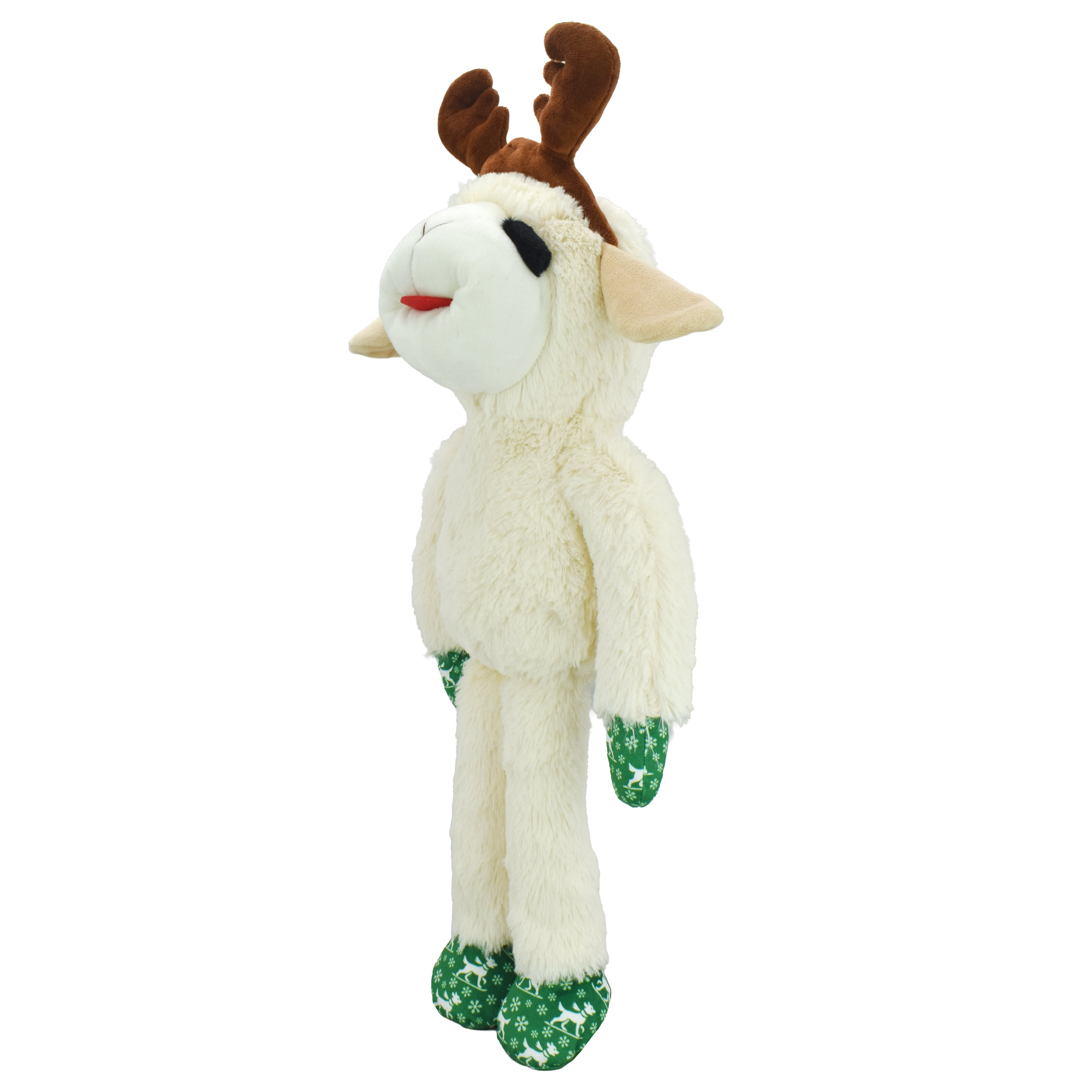 Multipet Plush Jumbo Holiday Lamb Chop Reindeer Dog Toy, Squeaker, Green and White Holiday Pattern Paws with Reindeer Antlers, 21"