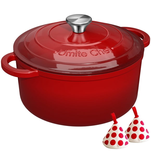 Enameled Cast Iron Dutch Oven - Umite Chef 5QT Pot with Lid & Cotton Potholders - Heavy-Duty Cookware for Bread Baking, Braising,
