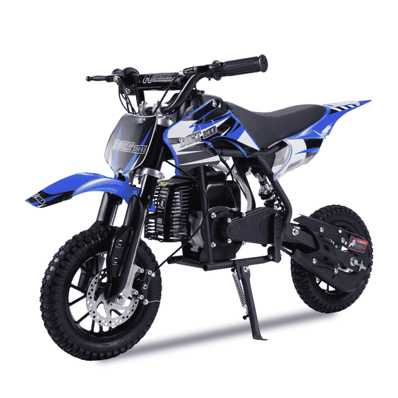 50CC Mini Bike, 2-Stroke Kids Dirt Bike, Equipped With Dual Disc Brake System And Front/Rear Shock Absorbers, Includes Off-Road Tires And Tool Kit, Size 42×27×28in, Blue