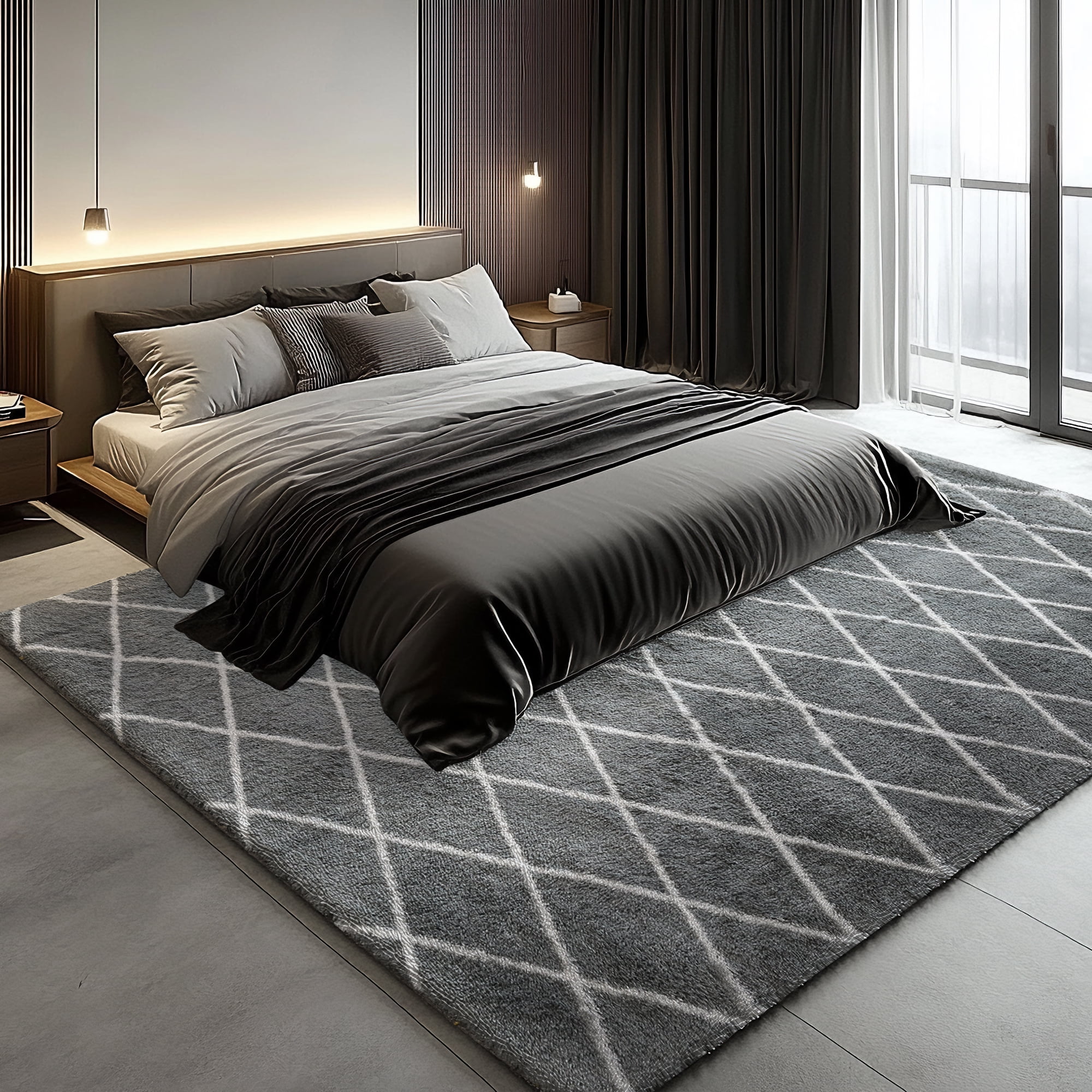 Pentantan 5ft x 8ft Shag Area Rugs for Living Room, Modern Grid Fluffy Bedroom Carpet, Gray & White
