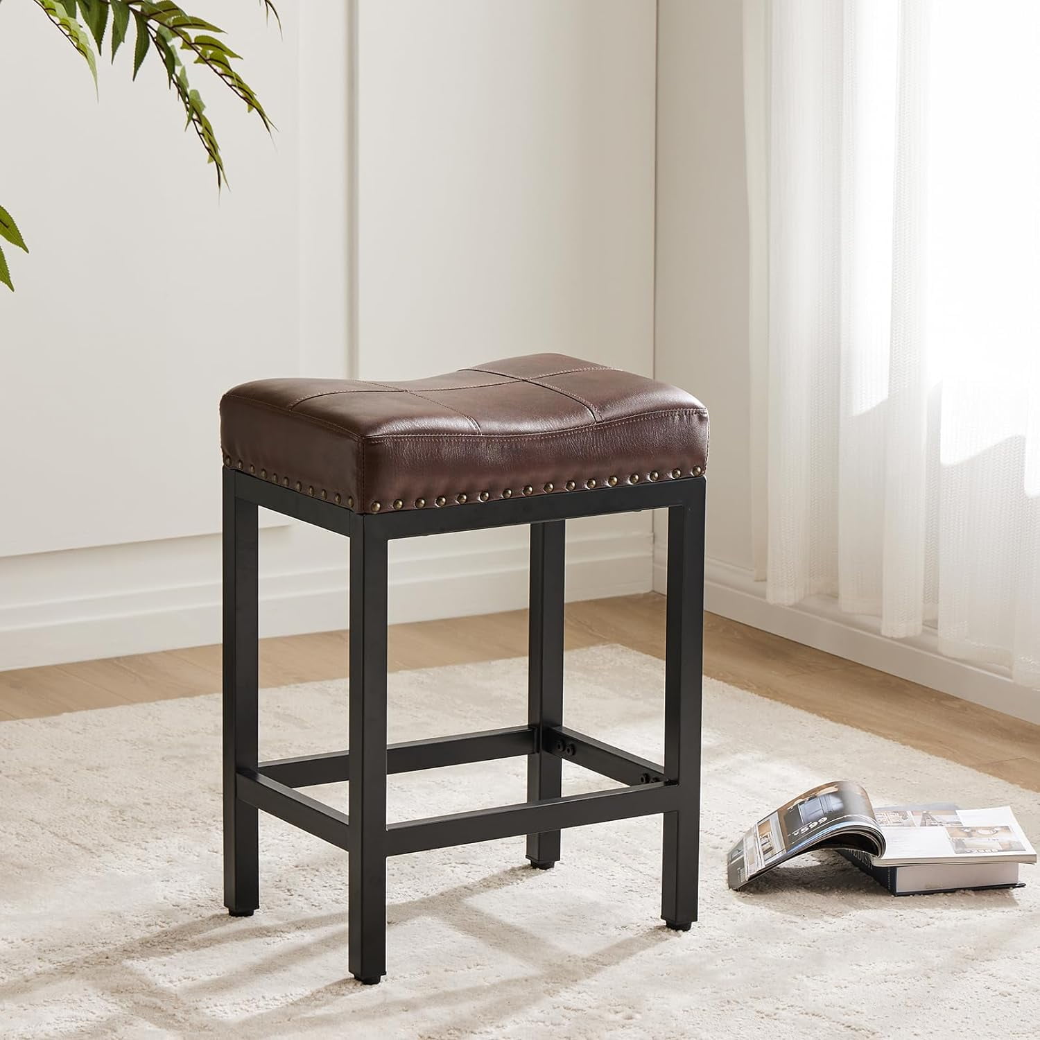 24" Backless Bar Stools, Set of 4 Counter Height Bar Stools, Leather Saddle Counter Stool, Brown