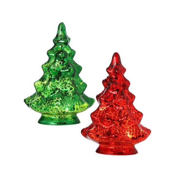 5" LED/Battery Timer Glass Tree, Set of 2, Assortment, Red and Green