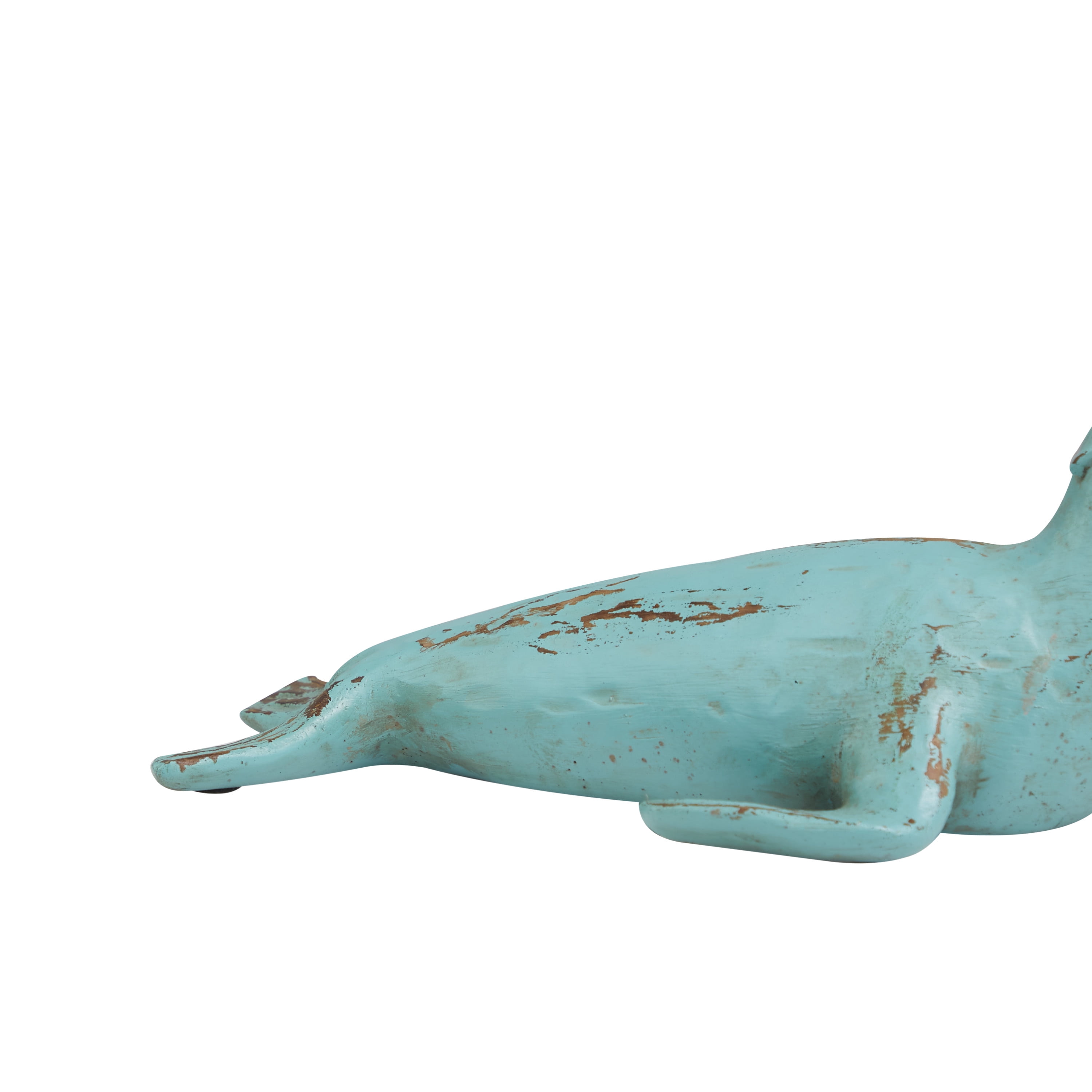 13", 7"W Teal Polystone Distressed Sea Lion Sculpture with Brown Wood Inspired Accents, by DecMode (2 Count)