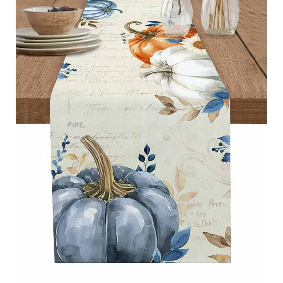 Fall Blue Pumpkins Burlap-Cotton Table Runner 72 Inches Long,Grey Orange Botanical Thanksgiving Rustic Farmhouse Table Runners,Outdoor Dining Tablecloths Decor for Baby Shower Party Wedding 14x72