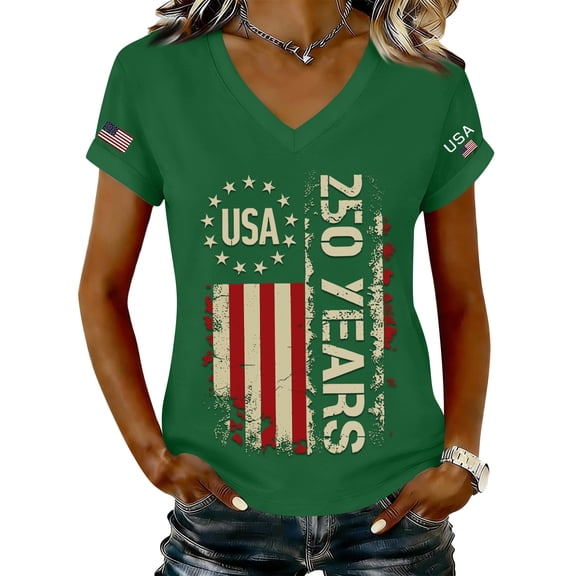 Women's 250th Anniversary USA Shirt Independence Day Top 4th of July Shirts America 250 Merchandise V Neck Flag Graphic Casual Tee
