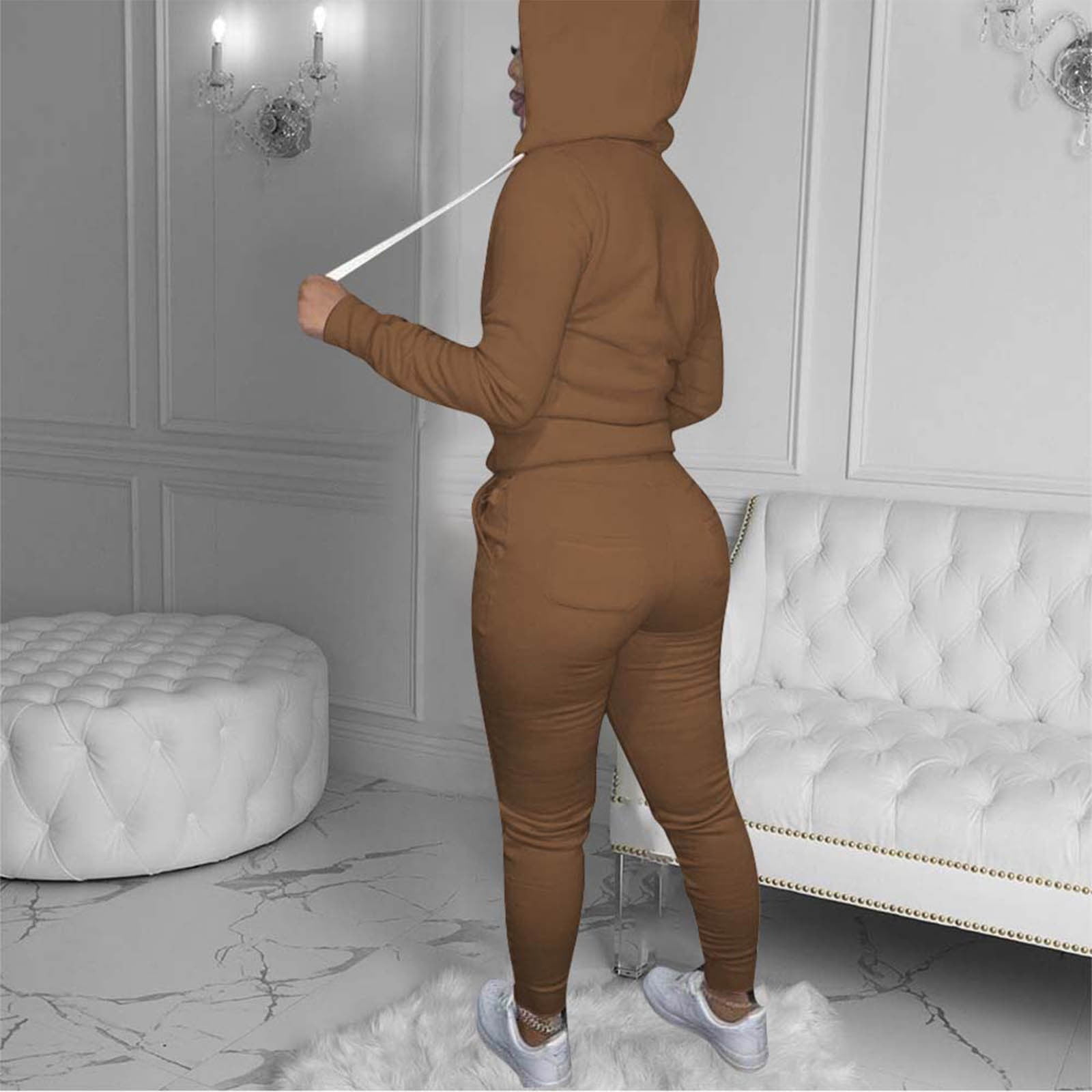 Plus Size Two Piece Sets for Women M-5X Joggers Sweatsuits with Hoodie Pockets Zip-Up Long Sleeve Jackets Slim Pants Solid Tracksuits Outfits