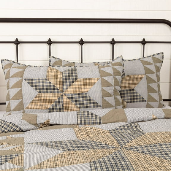 VHC Brands Dakota Star Farmhouse Blue Cotton Bedding Patchwork King Sham, Warm Grey