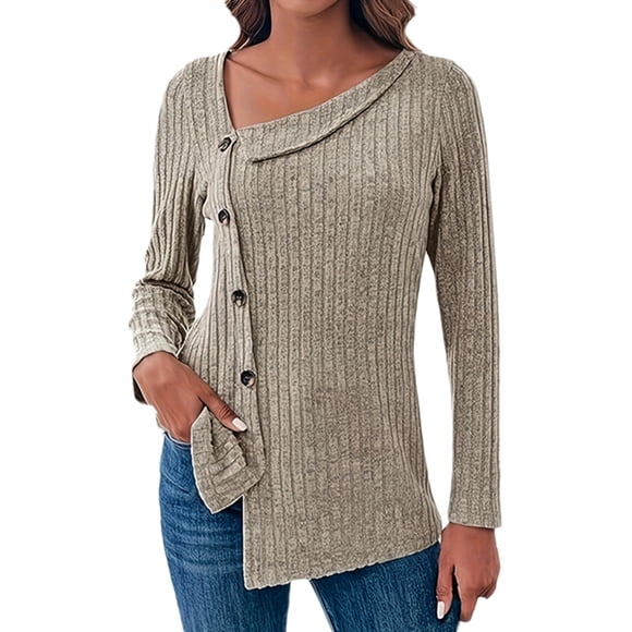 SNKSDGM Womens Long Sleeve Tops Casual Petite Long Sleeve Shirt Women Cropped Women's Loose Buttoned Asymmetrical Long Sleeve Irregular Hem Tunic Top S