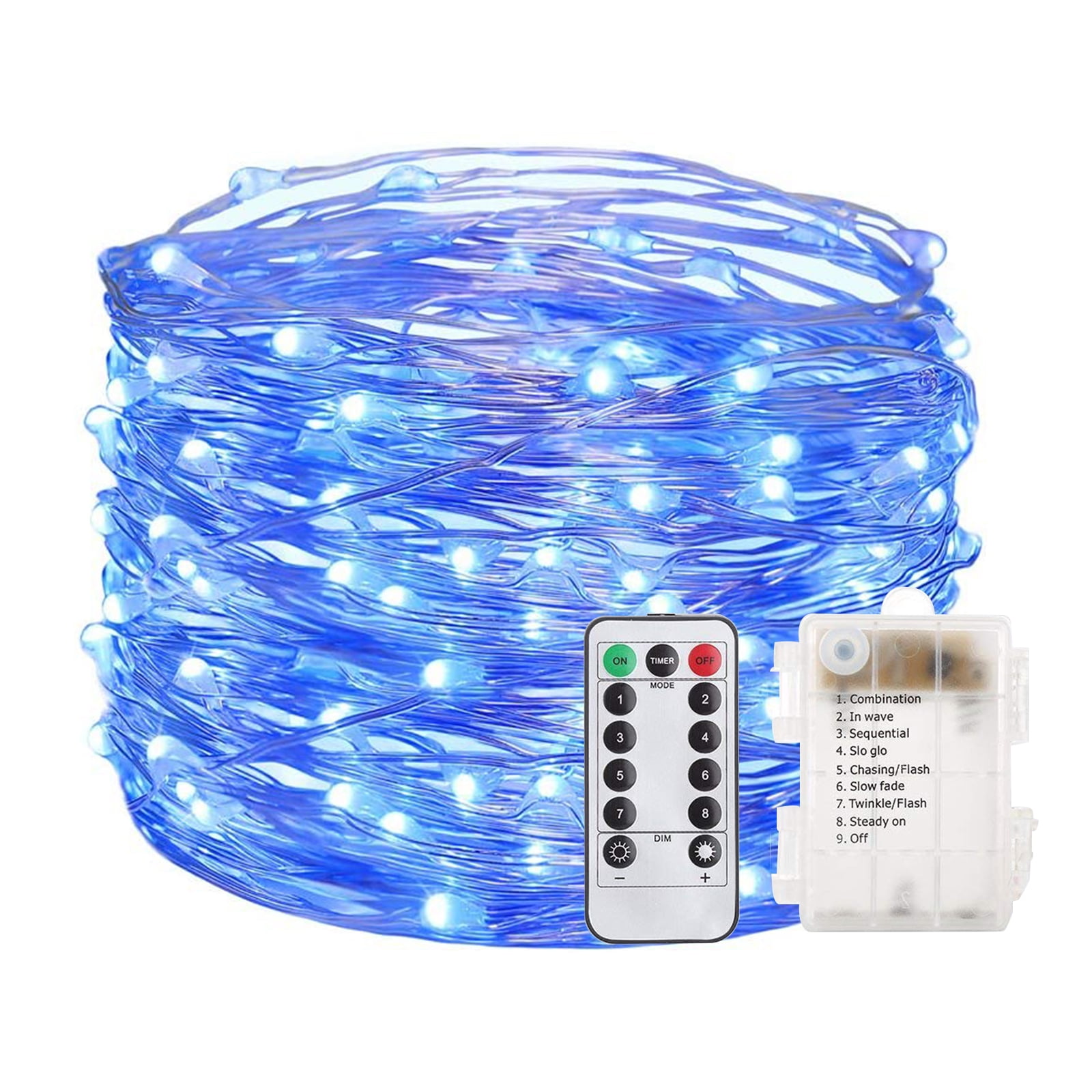 TiokMc 33ft 100 LED Battery Operated Fairy Lights with Remote Control & Timer, Waterproof Silver Wire Twinkle String Lights for Bedroom, Indoor & Outdoor, Wedding, Party, Blue