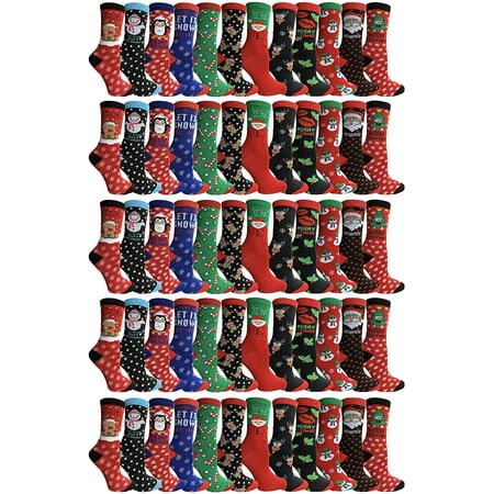 

SOCKS NBULK Christmas Socks Colorful Patterns and Stripes Holiday Slipper Sock Fuzzy Bulk Gift (60 PACK Women / Assorted)