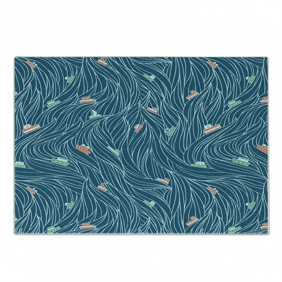Nautical Cutting Board, Waves Ships Cartoon Nautical Sailboat Vacations Travel Pattern, Decorative Tempered Glass Cutting and Serving Board, Small Size, Petrol Blue Jade Green, by Ambesonne