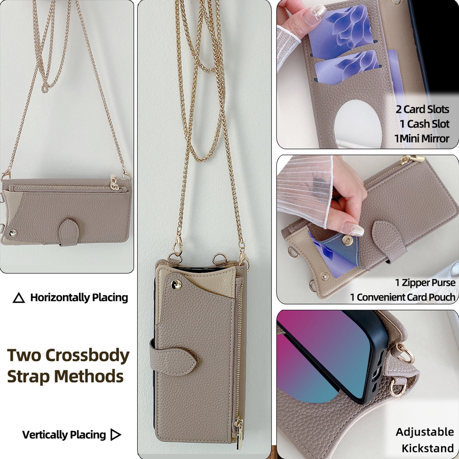 Women Girls Crossbody Strap Flip Wallet Zipper Phone Case Cover for iPhone 17 Pro Max, with Card Holder Kickstand Soft PU Leather Shoulder Chain Make-up Mirror for iPhone 17 Pro Max, Gray