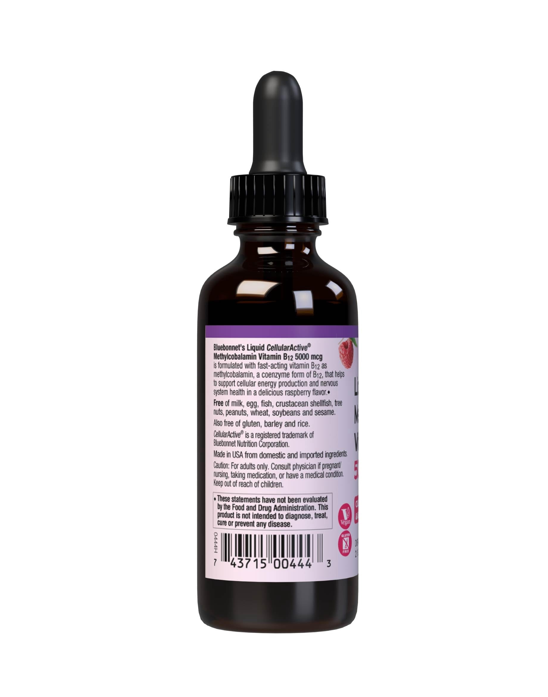Bluebonnet Liquid Methylcobalamin Vitamin B12 5000 mcg Active Coenzyme, Raspberry, 2 Fl Oz