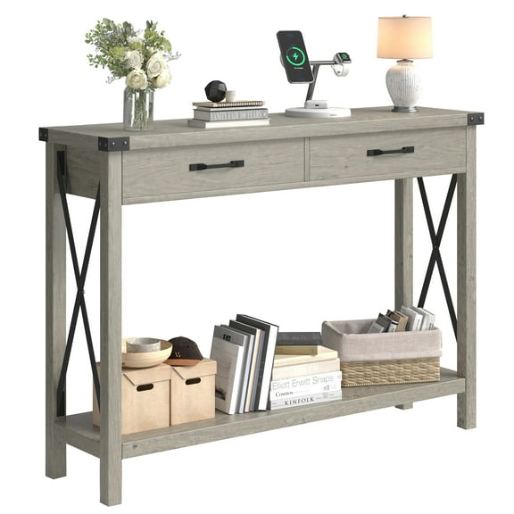 Towallmark Console Table with 2 Drawers, Rustic Hallway Table with Storage Shelves, Narrow Sofa Entryway Table for Living Room, Grey