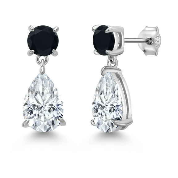 Gem Stone King 925 Sterling Silver White Moissanite and Black Onyx Earrings for Women | 7.74 Cttw | Gemstone Birthstone | Pear Shape 12X8MM