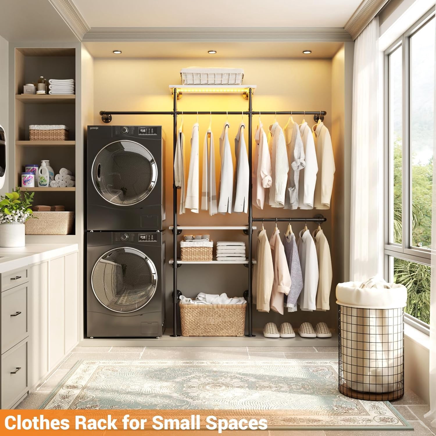 Homieasy Industrial Pipe Clothing Rack, Reversible 7.25FT Wall Mounted Clothes Rack, Heavy Duty Garment Racks Closet Wardrobe with LED Lights& Shelves, Walk-in Closet System, White