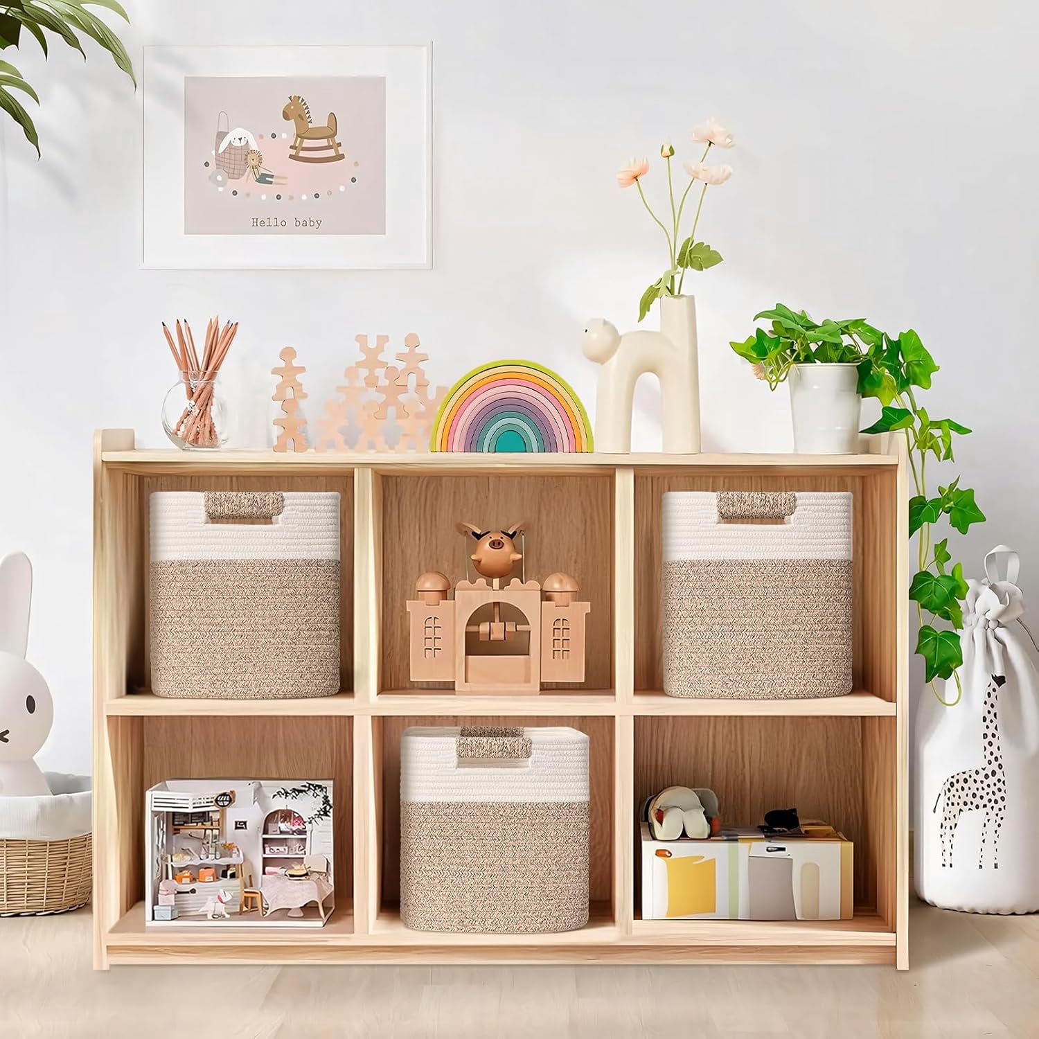 Natubeau 3 Pack Woven Storage Basket for Shelves, Cube Storage Bins, Cotton Rope Woven Baskets for Organizing, 11 Inch, White & Jute