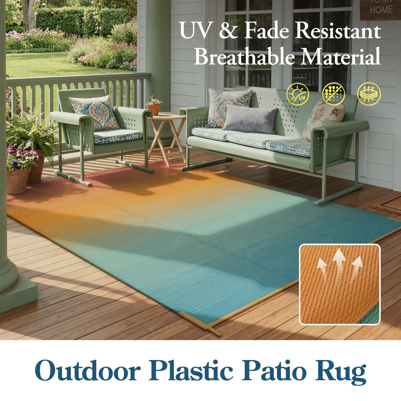 SUNDEREY Outdoor Rug 5'x8', Waterproof Reversible Plastic Straw Mat for Patio, RV & Camping - Non-Slip UV Resistant Carpet for Beach, Poolside & Deck, Orange & Blue