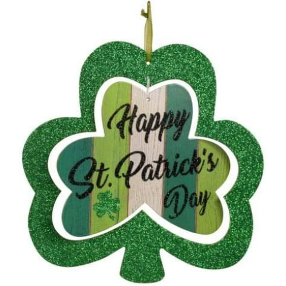 St. Patrick's Wall Hanging Decorative Sign Green Cut-Out Glittery Clover Leaf Shaped Design Wooden