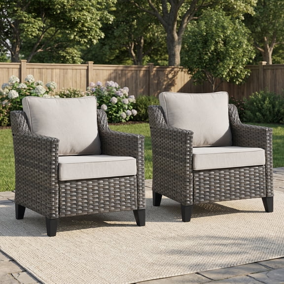Opohoro Outdoor Wicker Patio Chairs Set of 2, High Back Rattan Lounge Chairs with Beige Cushions for Porch, Deck, Balcony