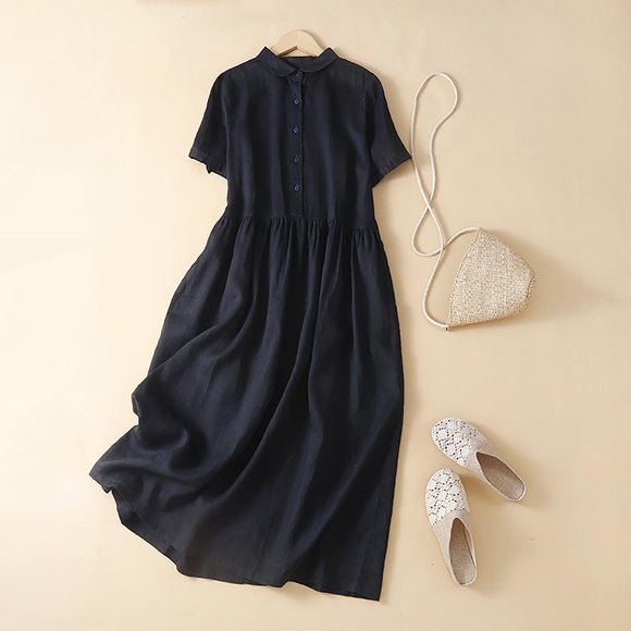Fartey Womens Summer Dresses Under $10 Vintage Short Sleeve Cotton Linen Midi Dress Solid Color Button Lapel Beach Dress Casual Flowy Tunic Daily Sundress