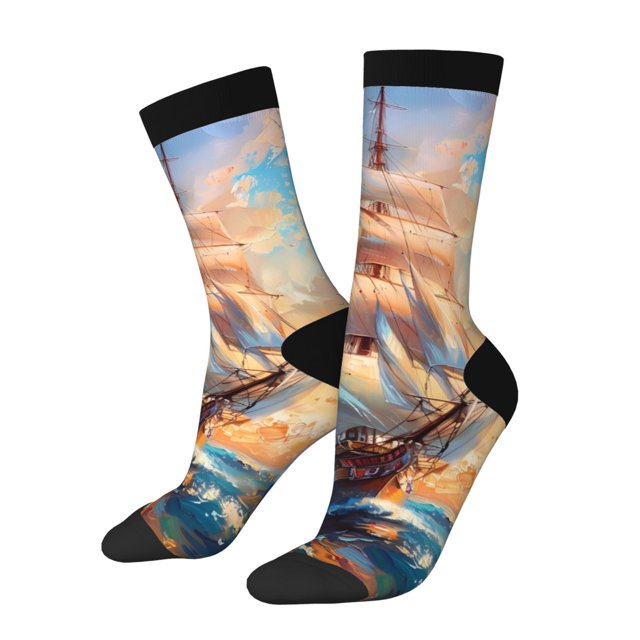 Fotbe Sailing Ship Ocean Sunset Calcetas Largas con Estampado para Hombre y Mujer – Calcetas de Compresión Transpirables y Elásticas, Viajar y Uso Diario Talla 5-11