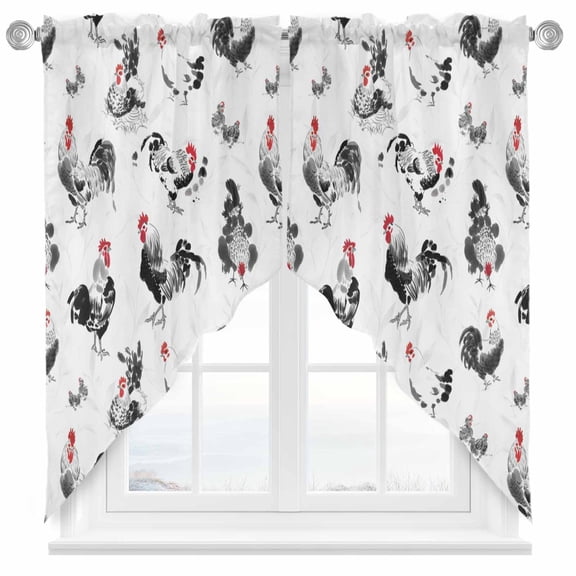 Rooster Hen Swag Curtain Valance for Windows, Watercolor Farm Animal Rustic Black Country Window Treatments Short Swag Topper for Kitchen Windows Bathroom Bedroom, 36"x36"