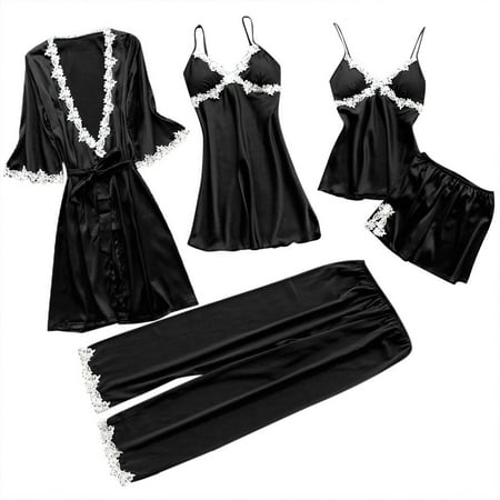 

LowProfile Lingerie Pajama Set for Women Plus Size Lace Nightwear Underwear Babydoll Dress 5PC Suit Nightgowns Sleepwear Black M