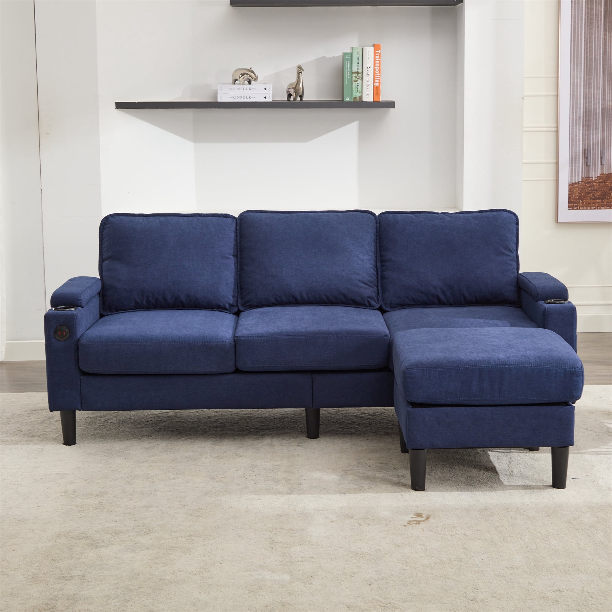 Aukfa 78" Sectional Sofa with USB Port, Storage Ottoman, Armrest with Hidden Storage, Linen, Blue