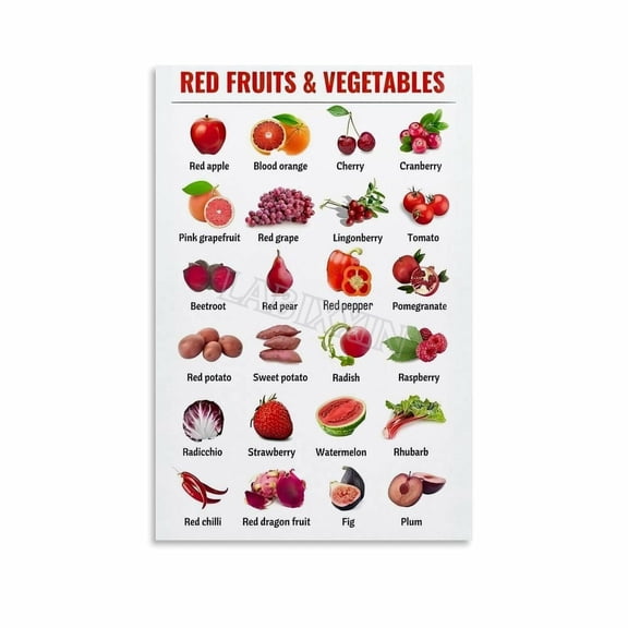 Red Fruits Vegetables Poster Nutrition Food Guide Chart Wall Art (1) Canvas for Bedroom Living Room Decor