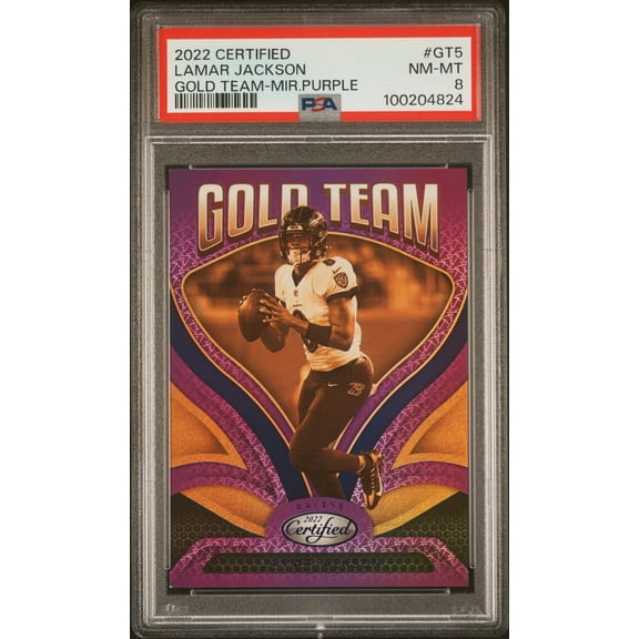 Lamar Jackson 2022 Certified Gold Team Purple Football Card #GT5 PSA 8 5/10