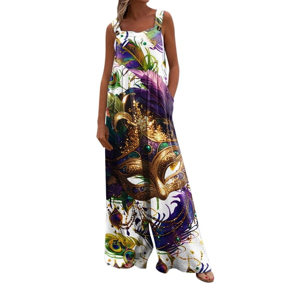Fgvctg Womens Mardi Gras Jumpsuit Sleeveless Carnival Party Spaghetti Straps Overalls Trendy Wide Leg Pant Mask Print Bib Overalls Romper Sprimg Pants With Pockets White S