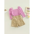 thumbnail image 3 of TSEXIEFOOFU Toddler Kids Girls 2 Pieces Outfits Solid Color Knitted Ribbed Puff Long Sleeve Tops + PU Leather Buttons Shorts Set, 3 of 9