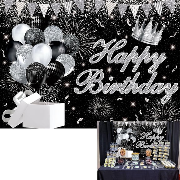 Black Happy Birthday Backdrop Balloon Gift Sign Black Spot Birthday Anniversary Background Women Girls Baby Birthday Party Supplies