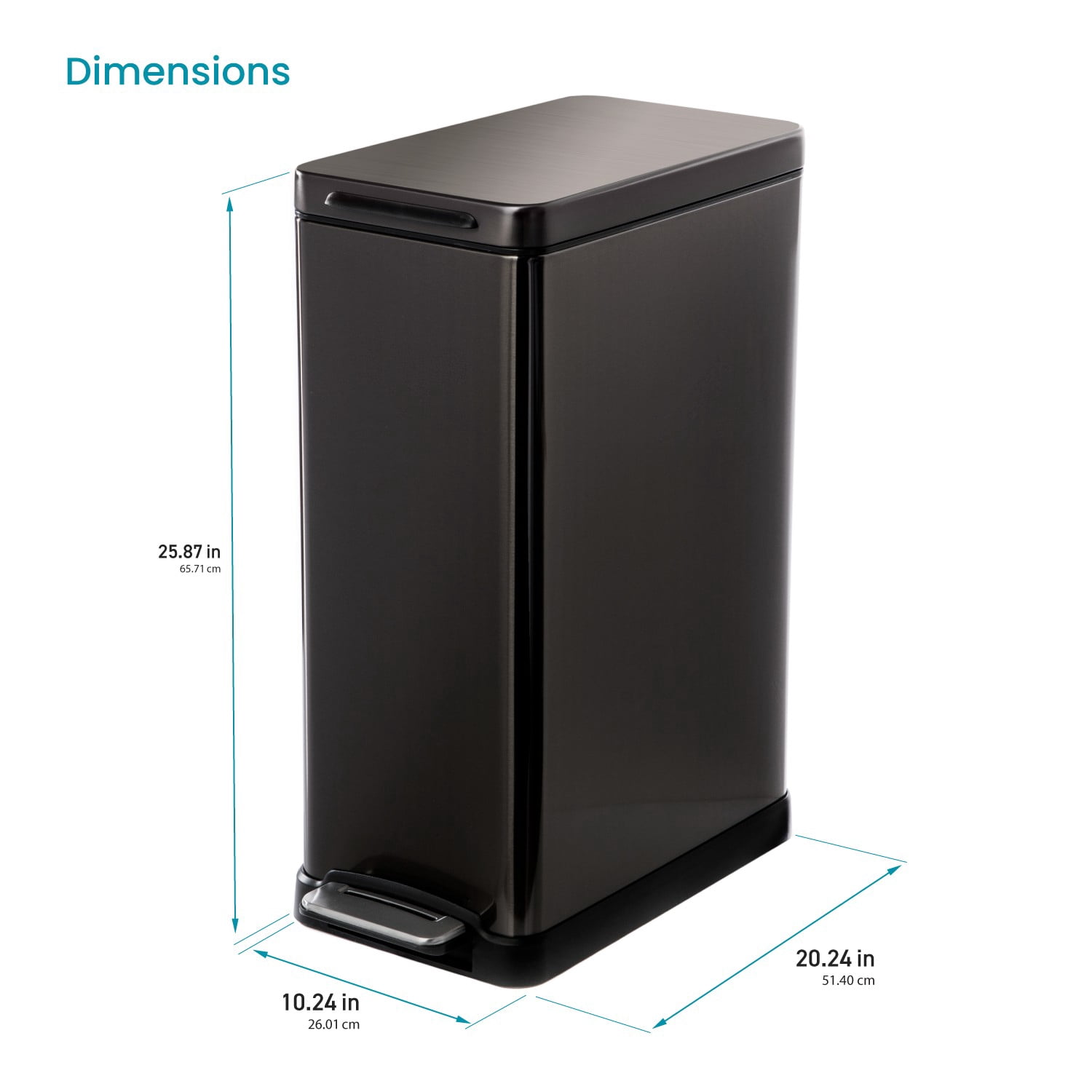 Home Zone Living 12 Gallon Slim Stainless Steel Kitchen Trash Can with Step Pedal and Soft Close Lid, Black